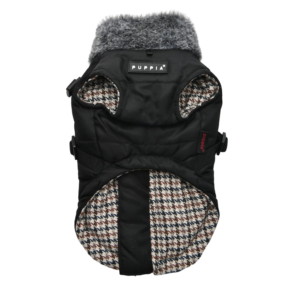 Dog coat with houndstooth pattern and black fabric, featuring the Puppia brand logo.