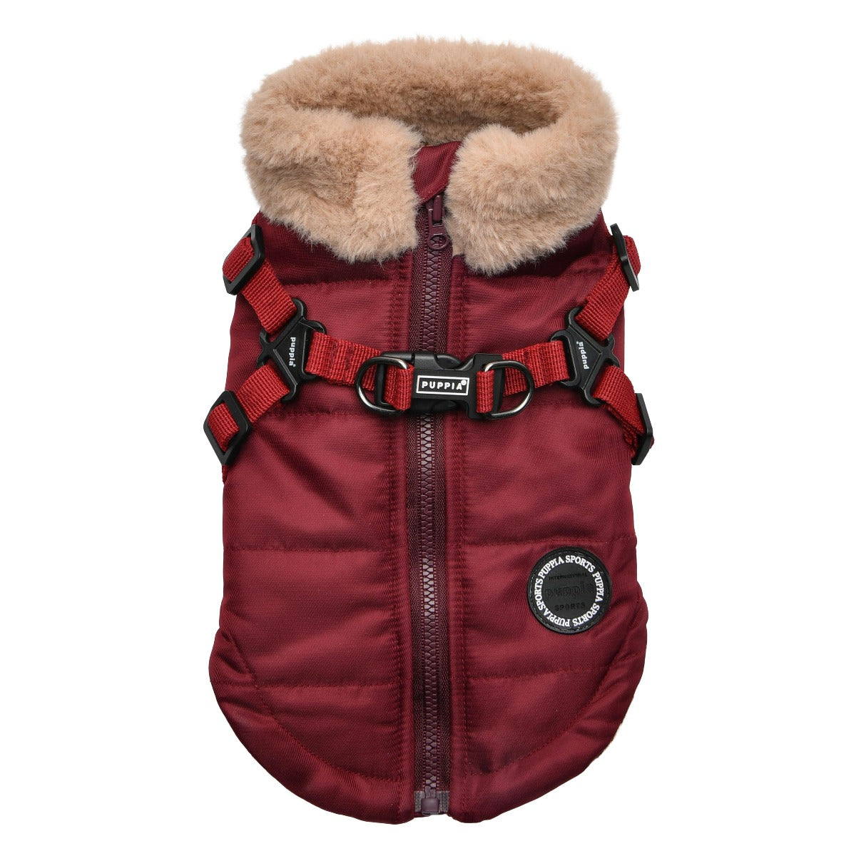 Red dog puffer vest with beige fur collar on a white background