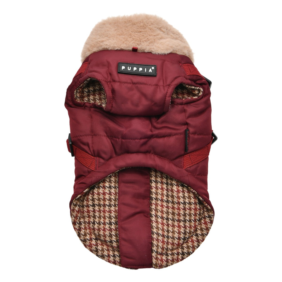 Maroon pet carrier with plaid pattern and fur-lined hood on a white background