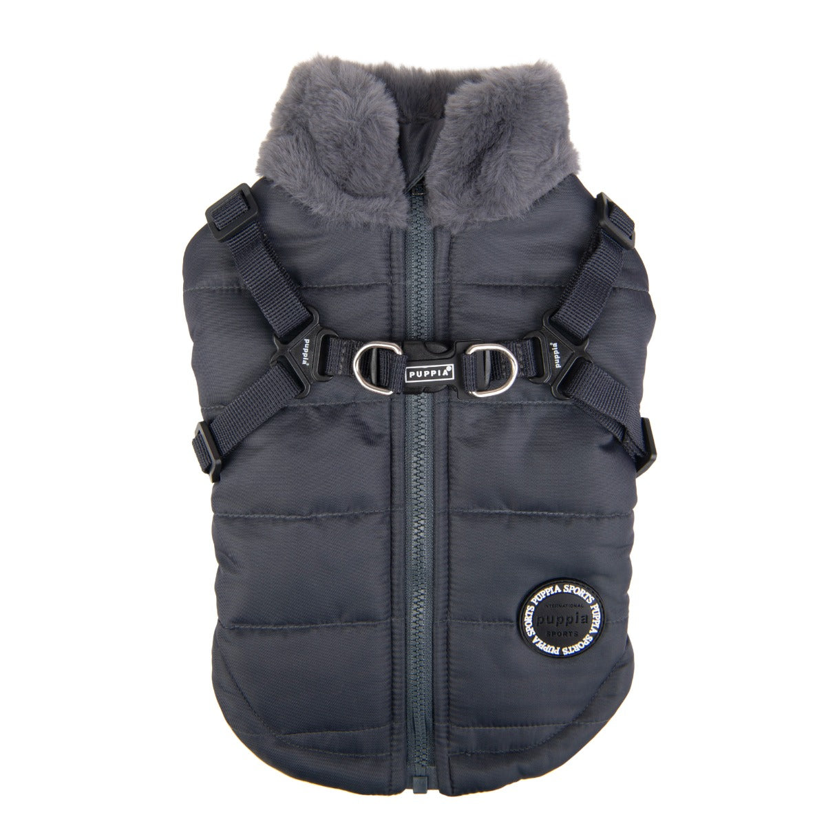 Dark gray puffer dog vest with fur-lined hood on a white background