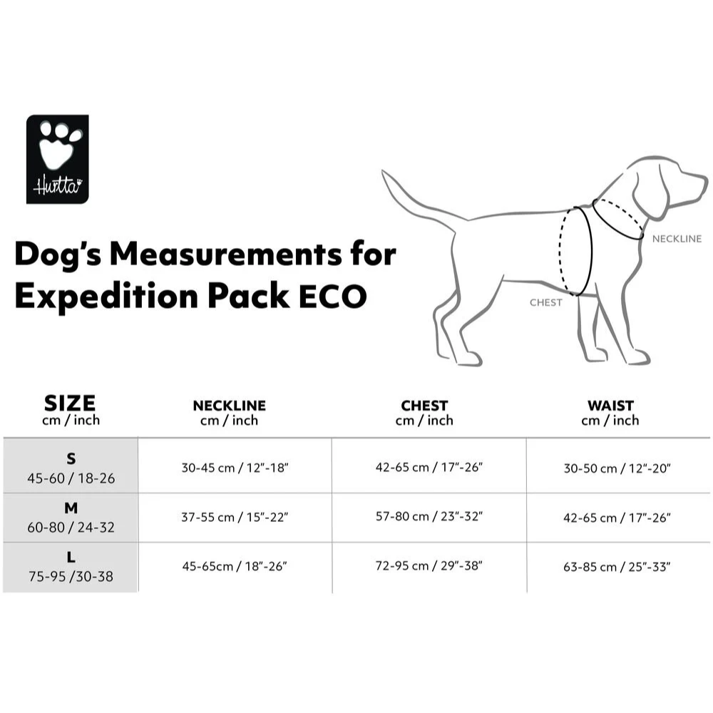 Measurement chart for Haltar Expedition Pack ECO dog sizes with a diagram of a dog.