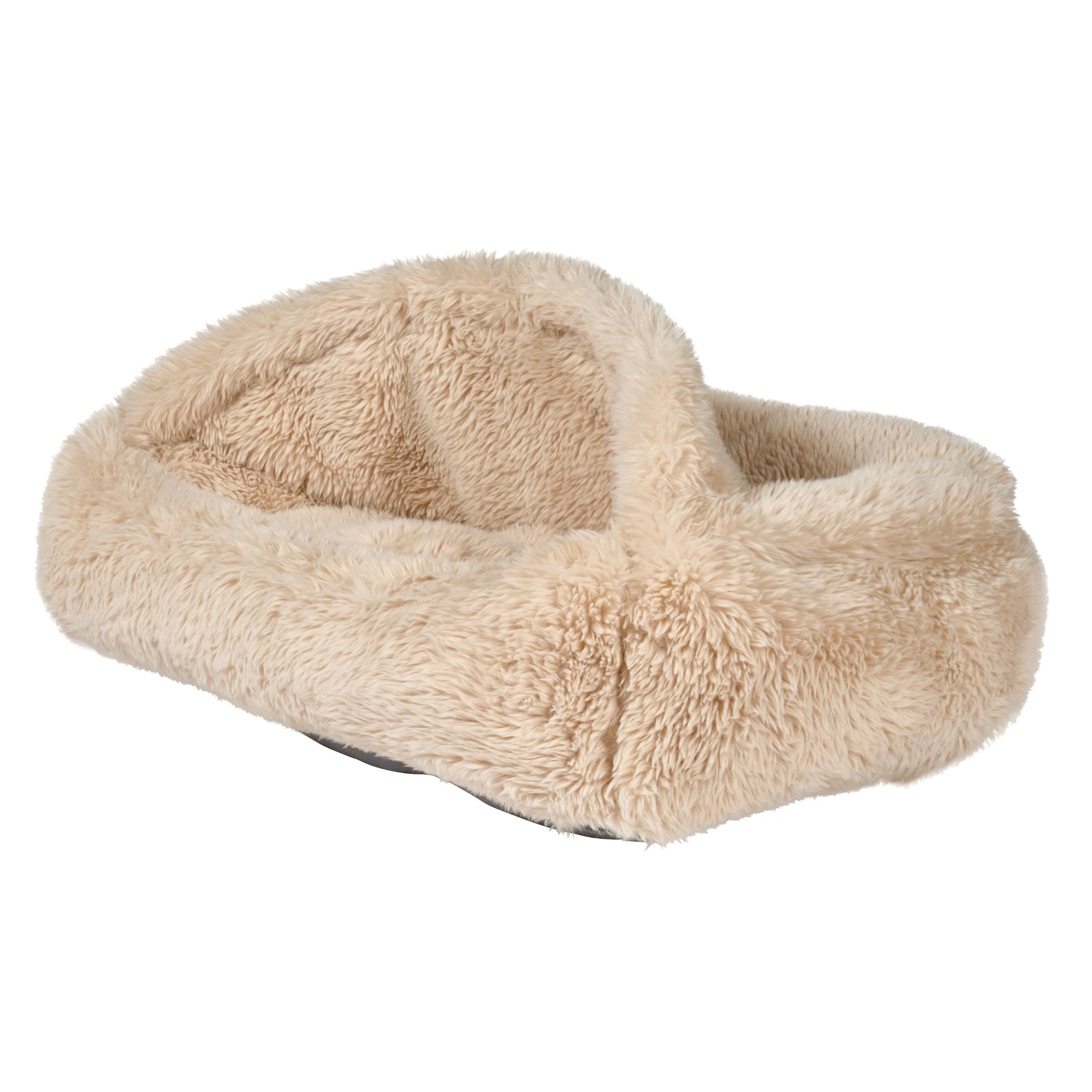 Beige fluffy pet bed on a white background
