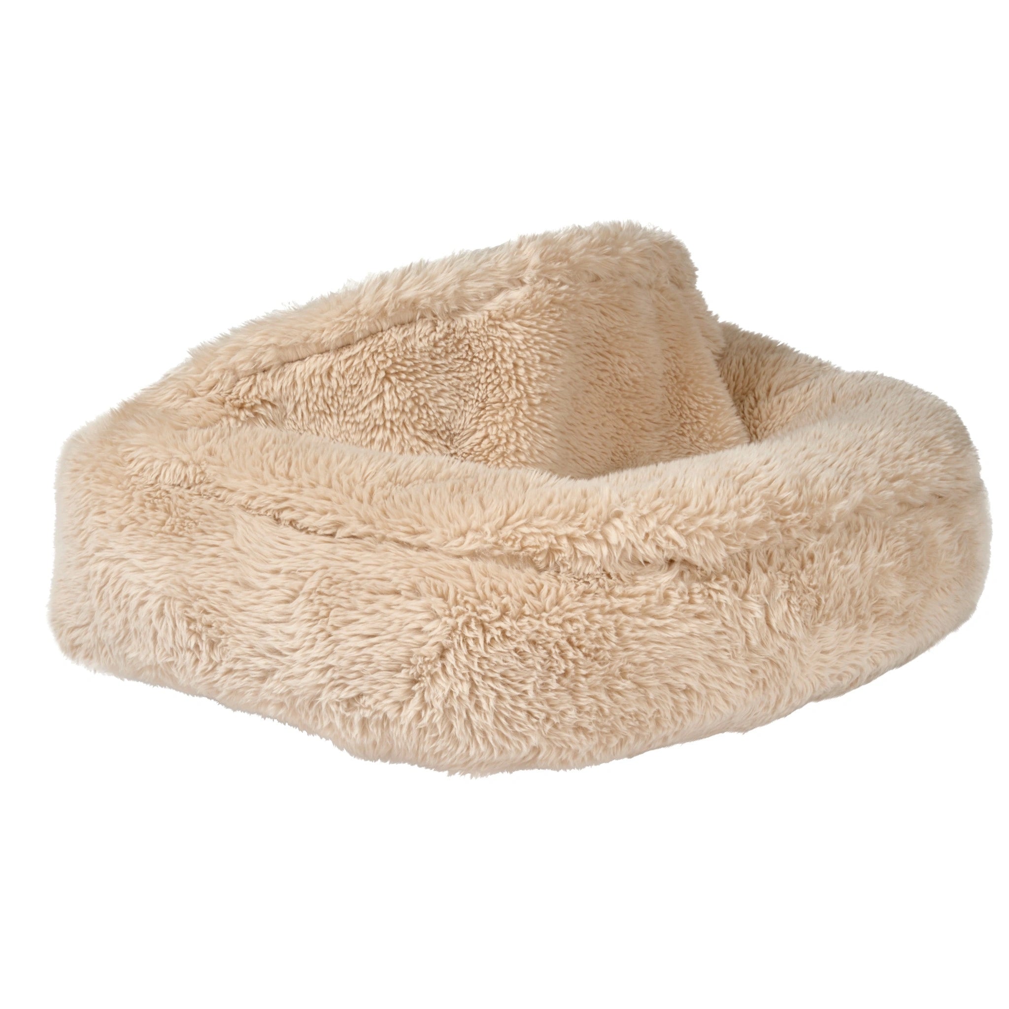 Beige fluffy pet bed on a white background