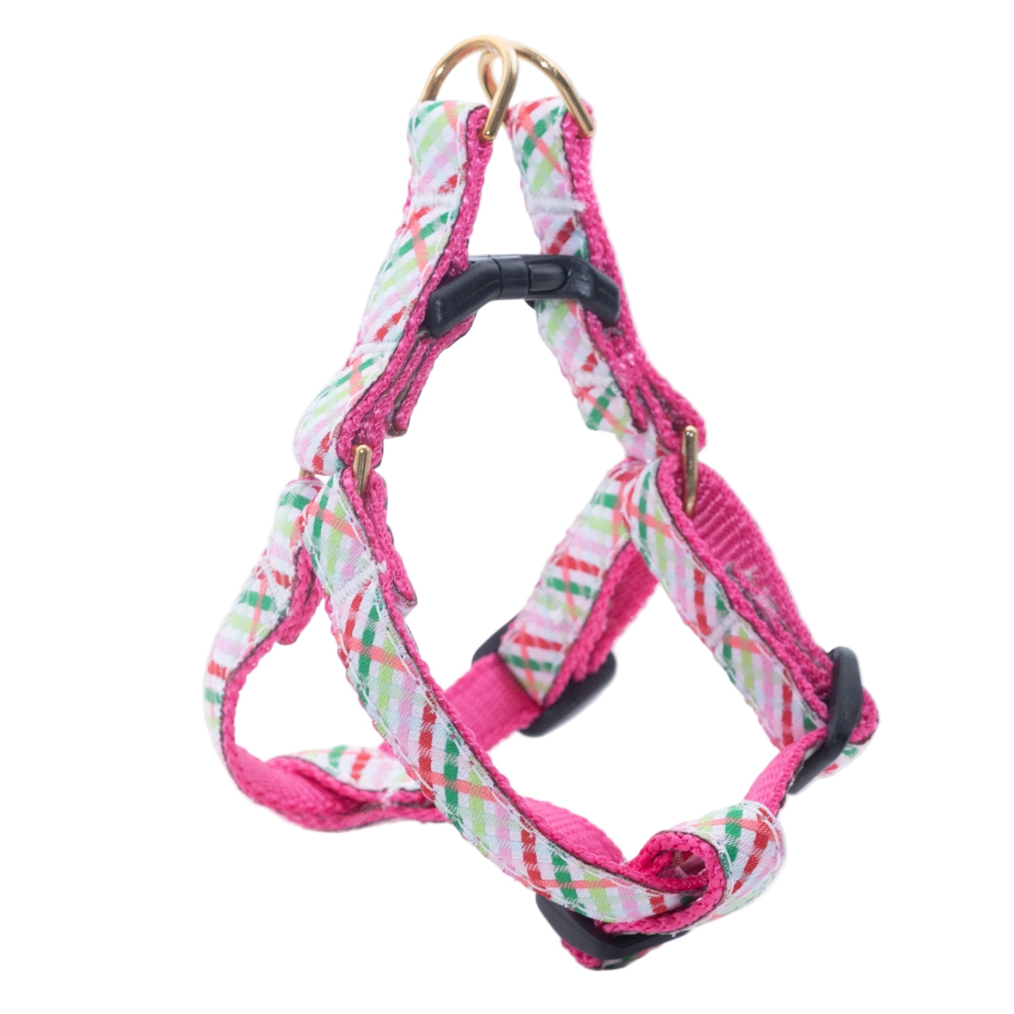 Dog harness with pink and multicolor pattern on a white background