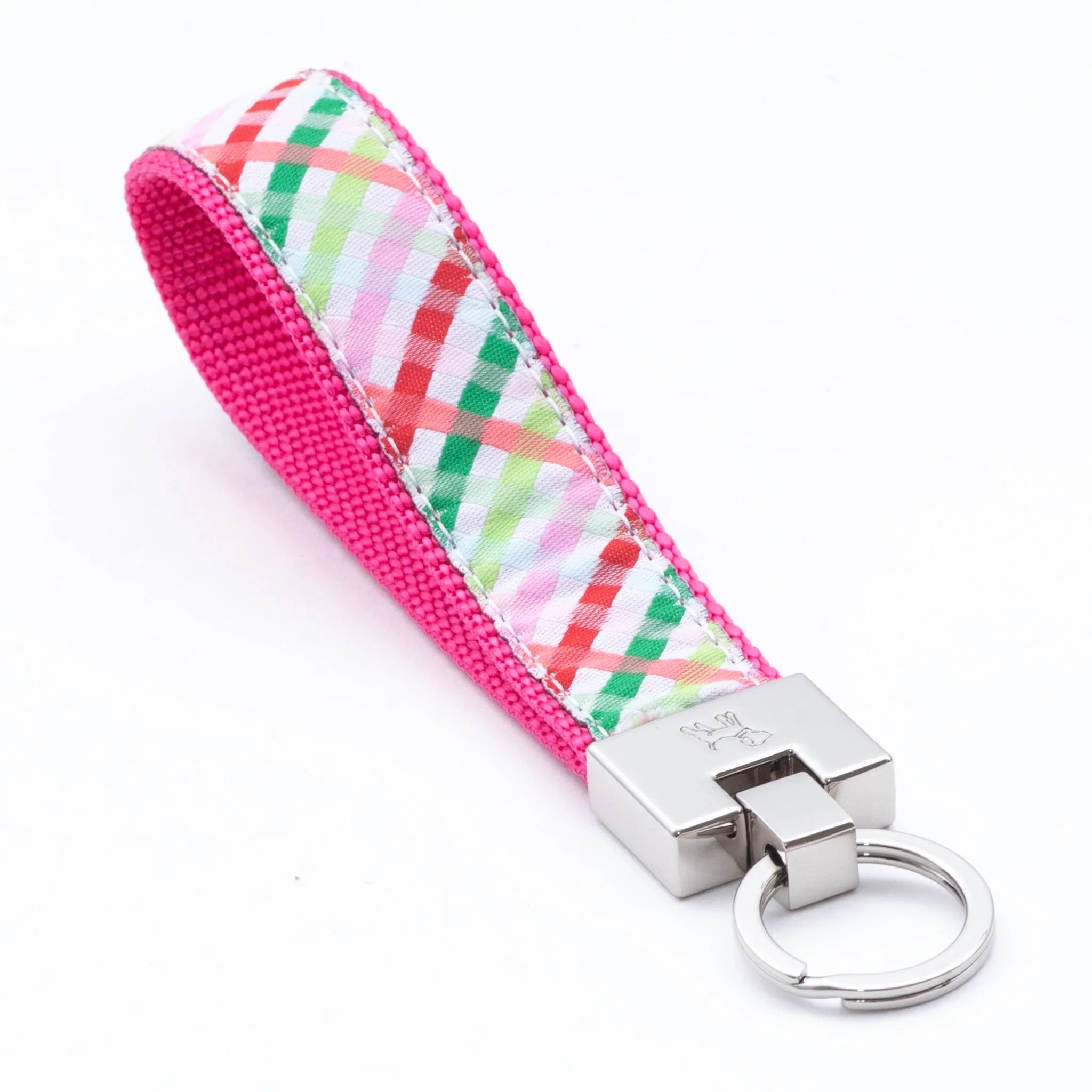 Keychain with colorful plaid strap and metal clasp on a white background