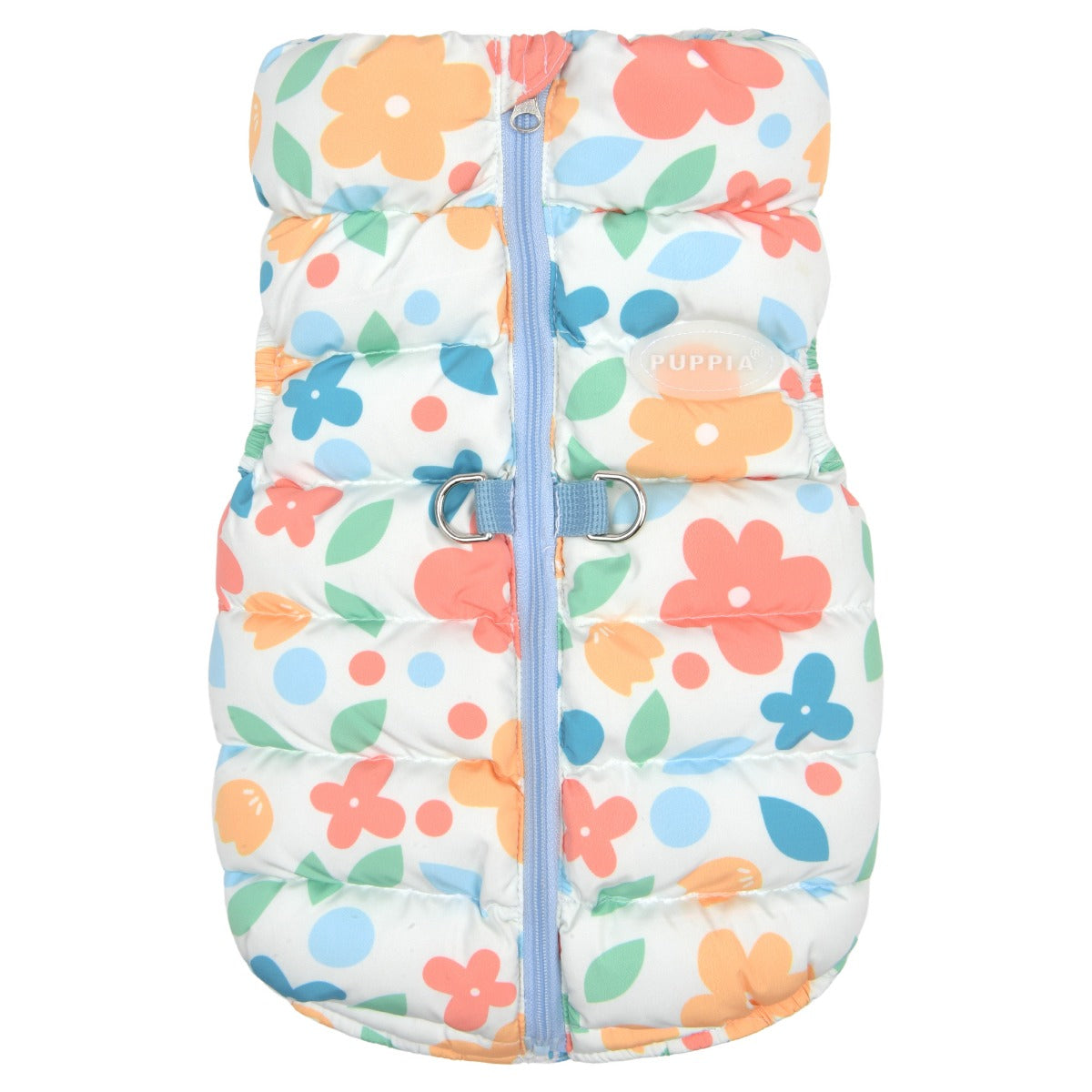Floral-patterned baby sleeping bag with a zipper on a white background