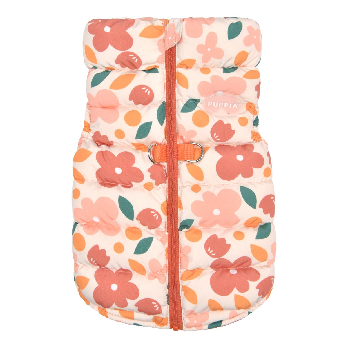 Floral-patterned baby sleeping bag with orange zipper on a white background