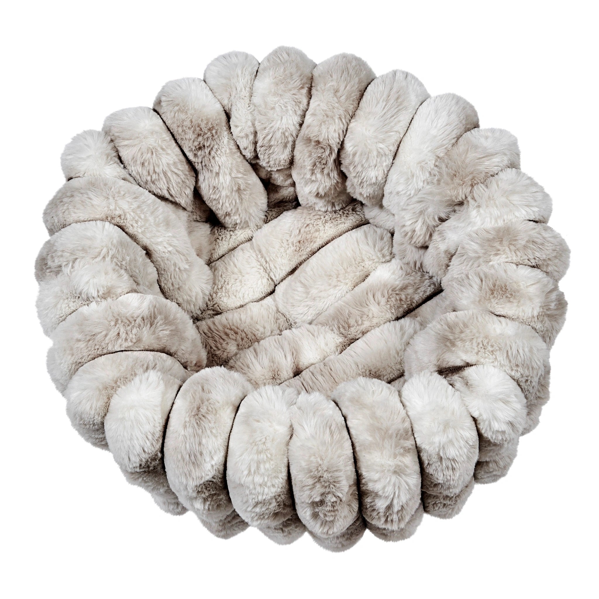 Round, plush pet bed made of knitted fabric on a white background