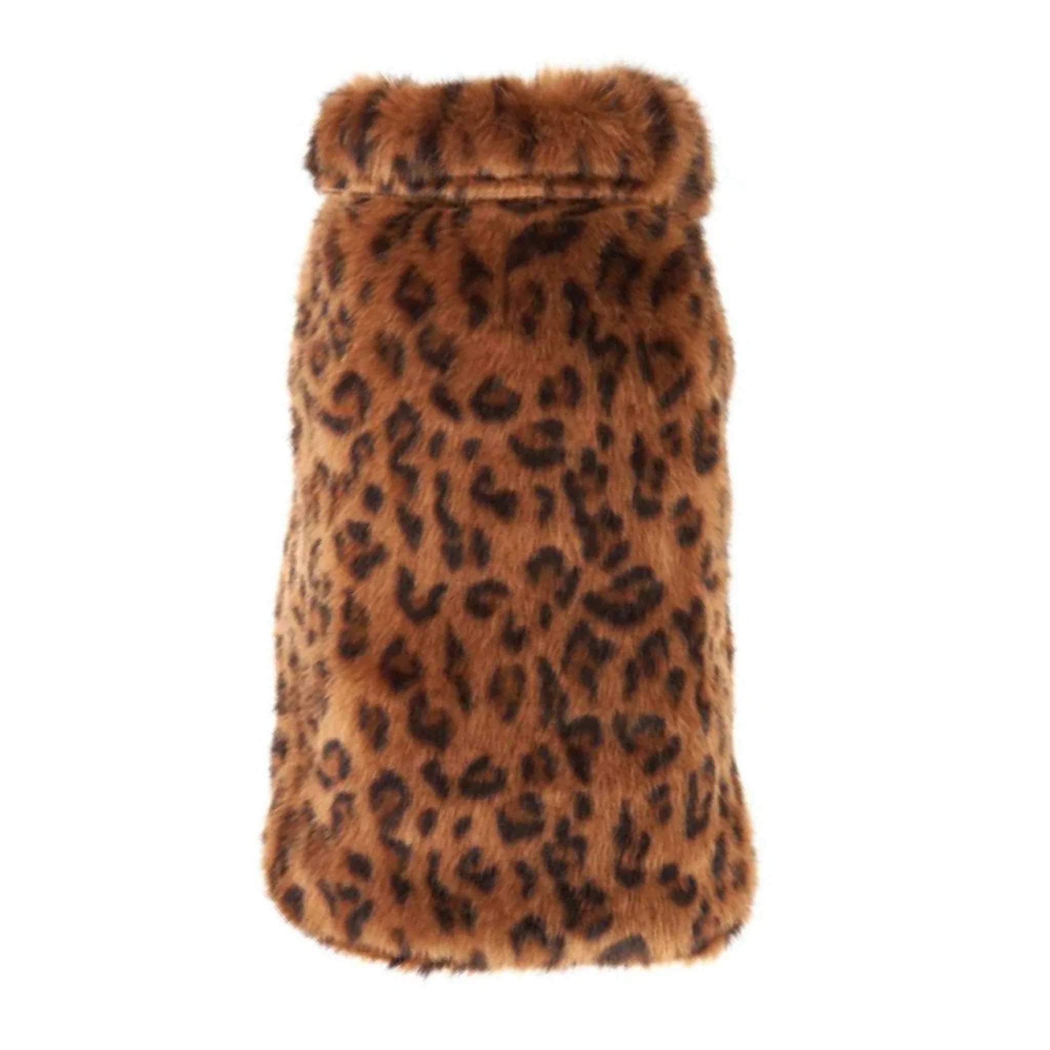 Leopard print fur vest on a white background