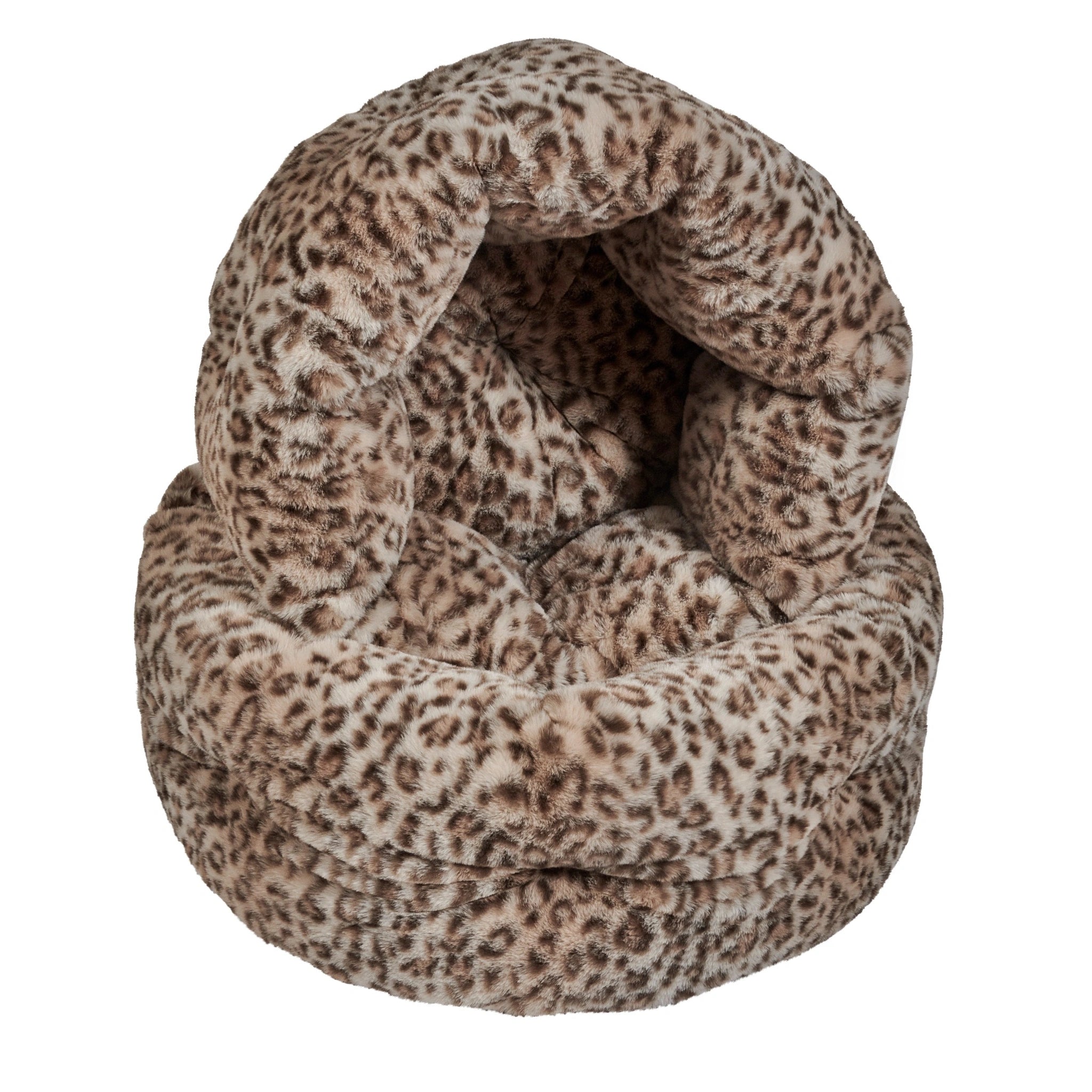 Leopard print pet bed on a white background