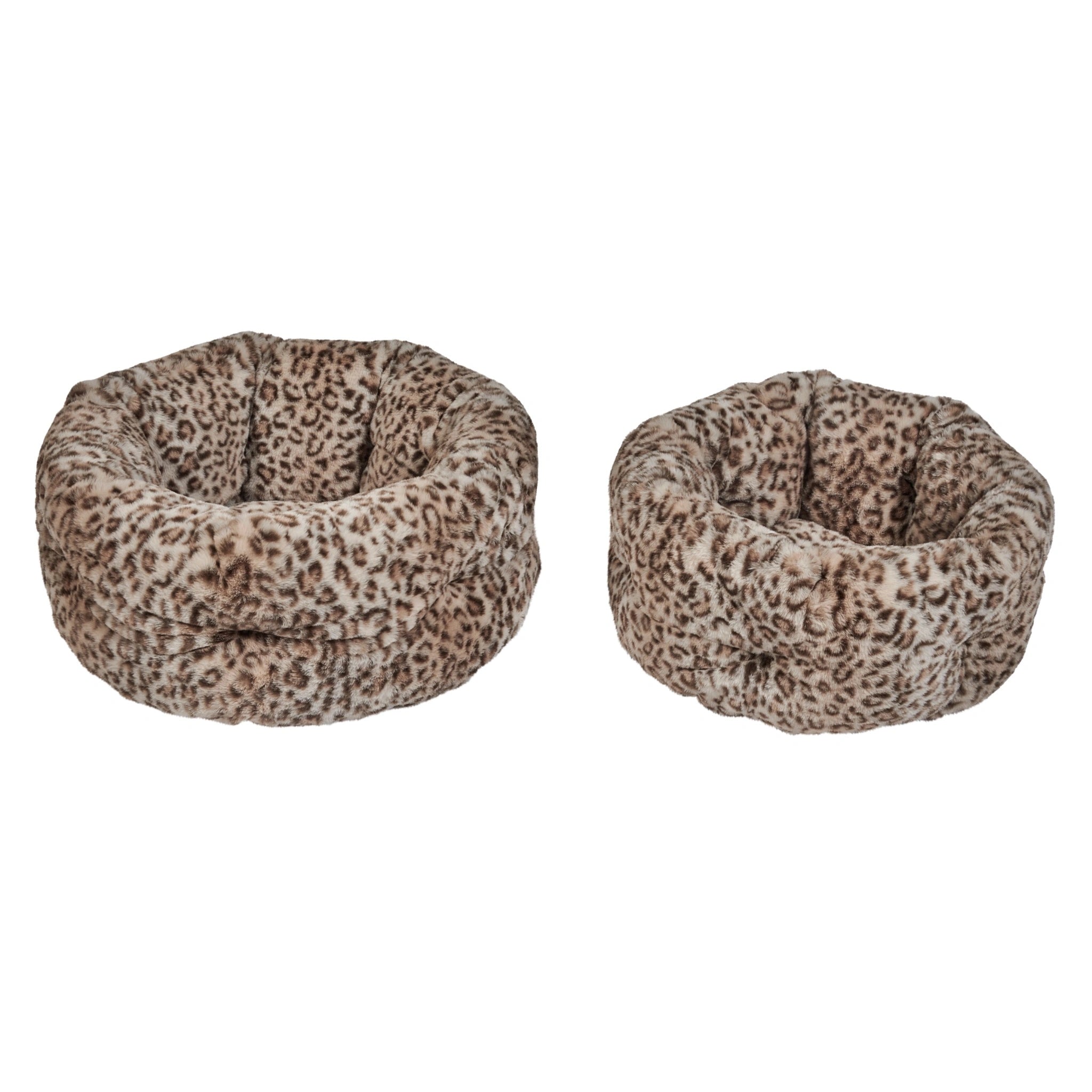 Two leopard print pet beds on a white background