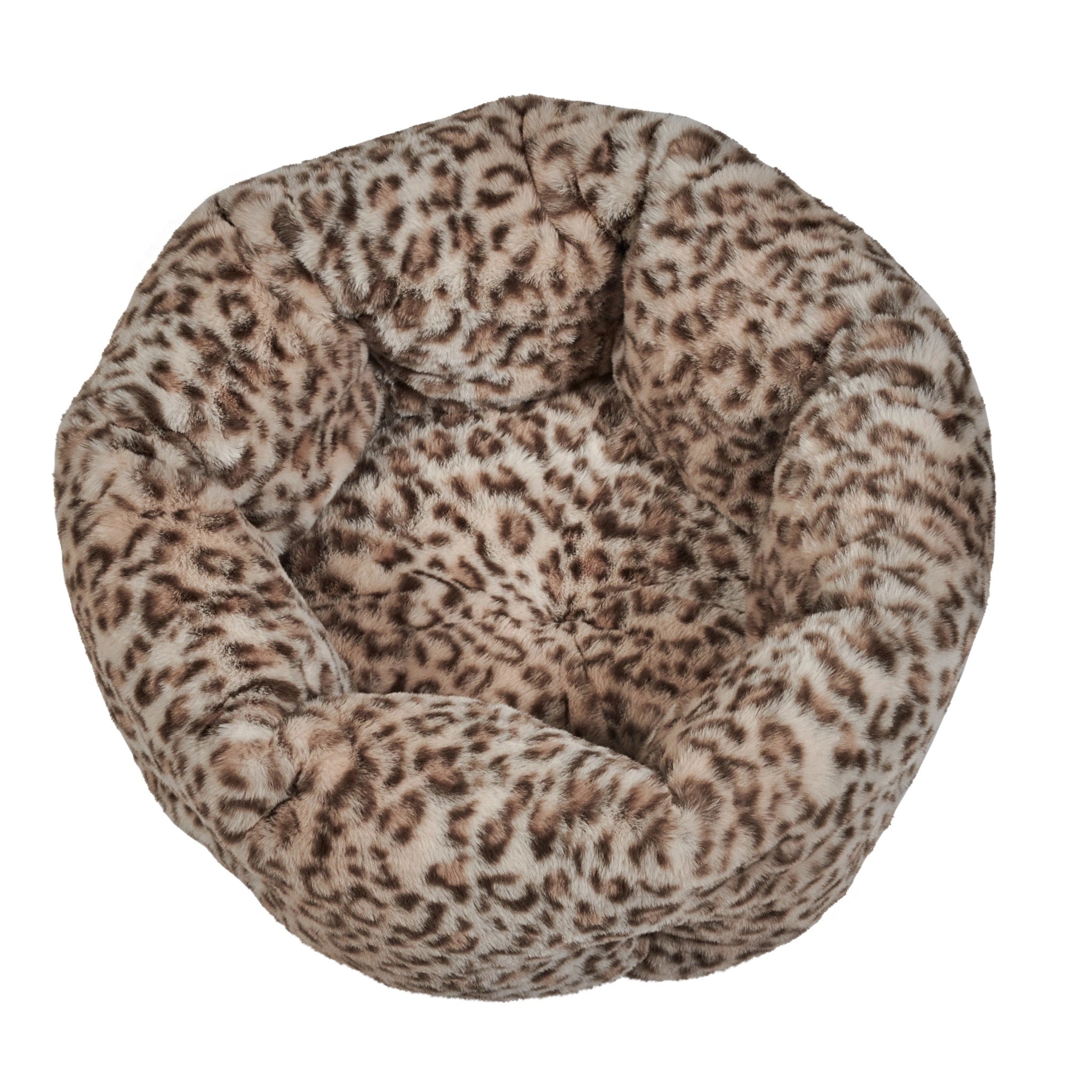 Round pet bed with leopard print pattern on a white background