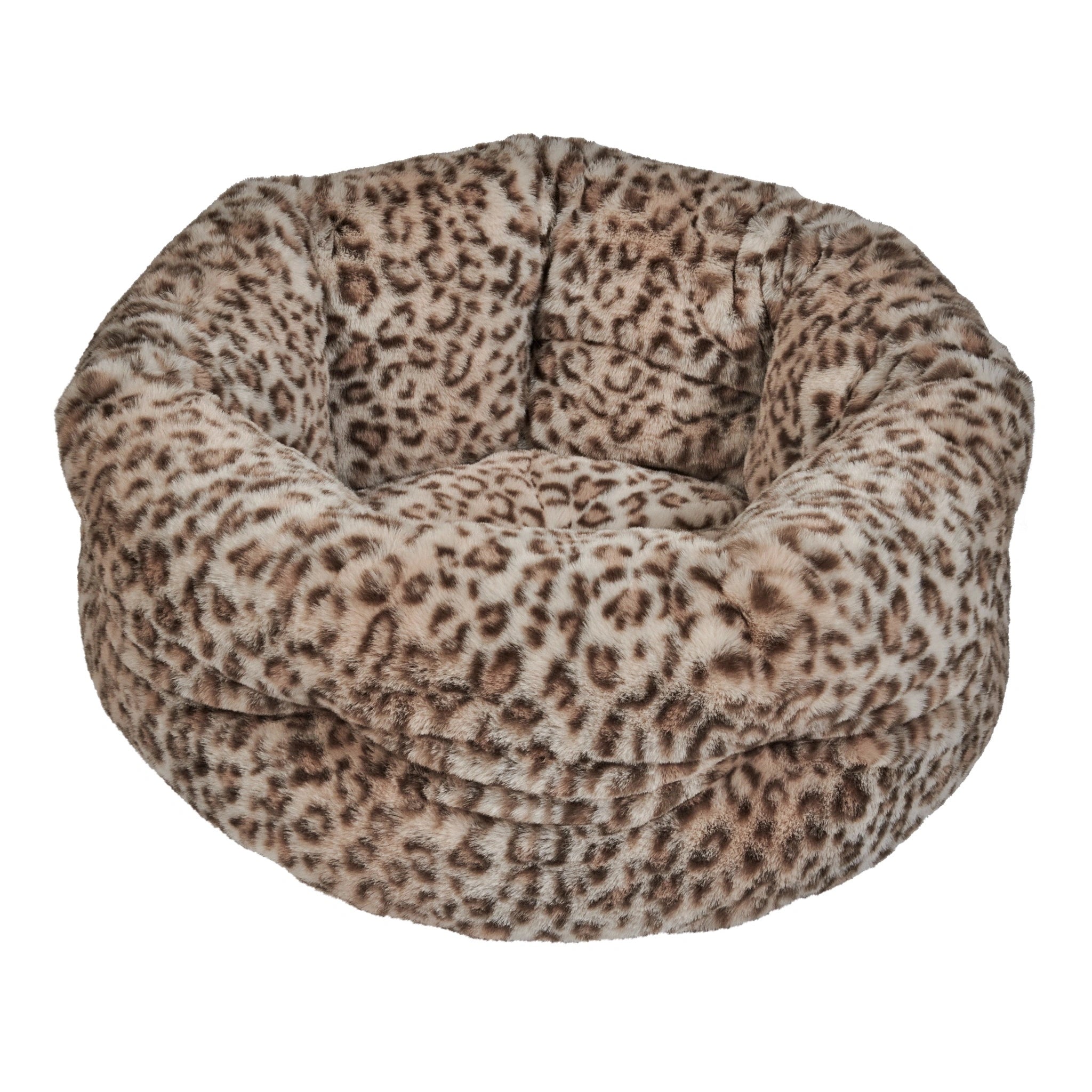 Leopard print pet bed on a white background