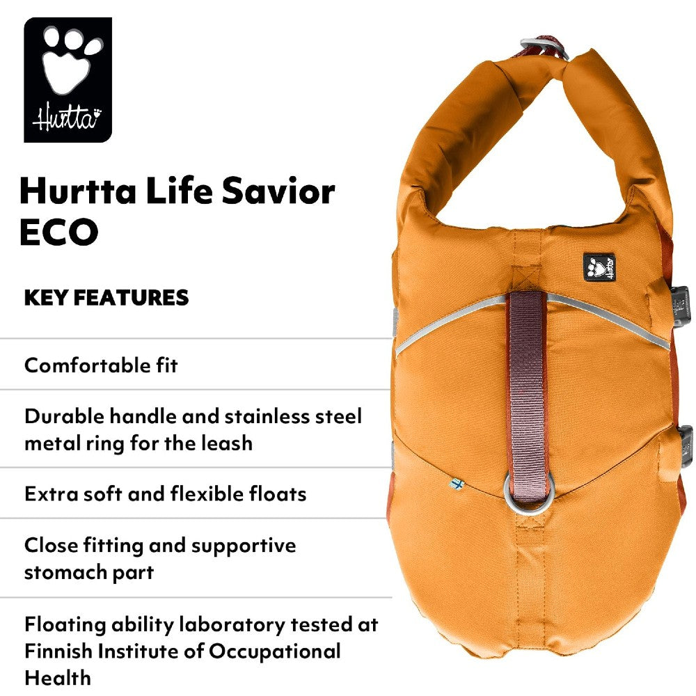 Orange life jacket with key features listed on a white background