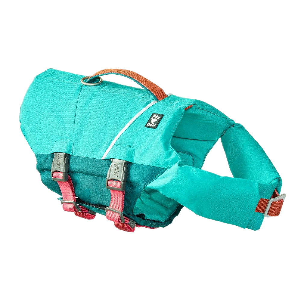 Turquoise dog life jacket with red straps on a white background