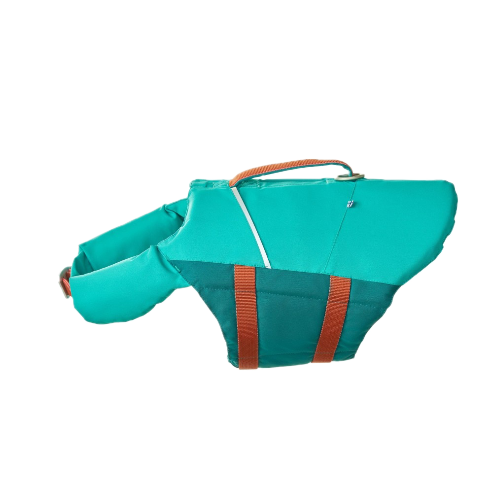 Turquoise dog life jacket with brown straps on a white background