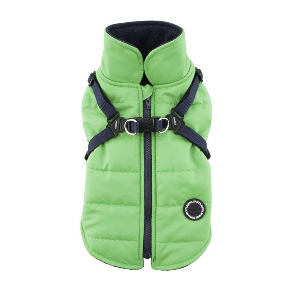 Green puffer dog vest with harness on a white background