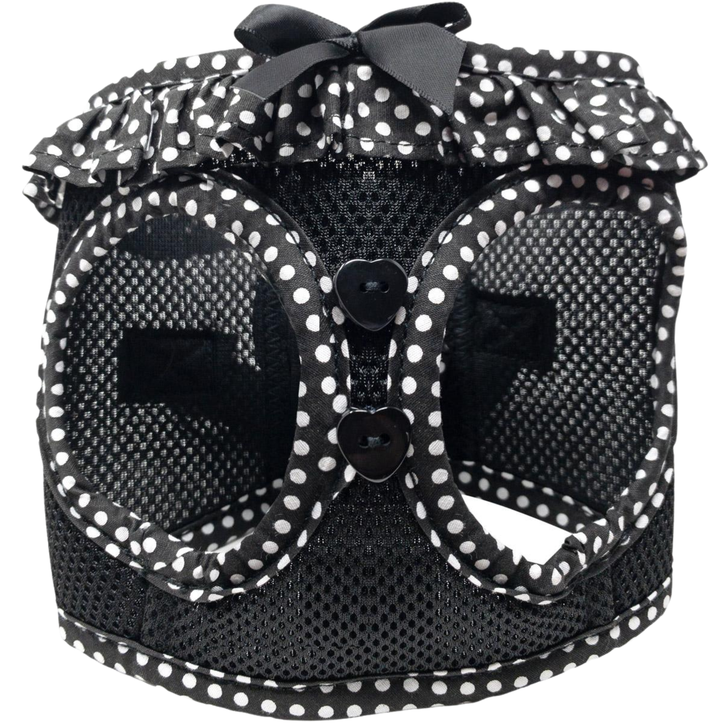 Black and white polka dot pet carrier with a bow on a white background