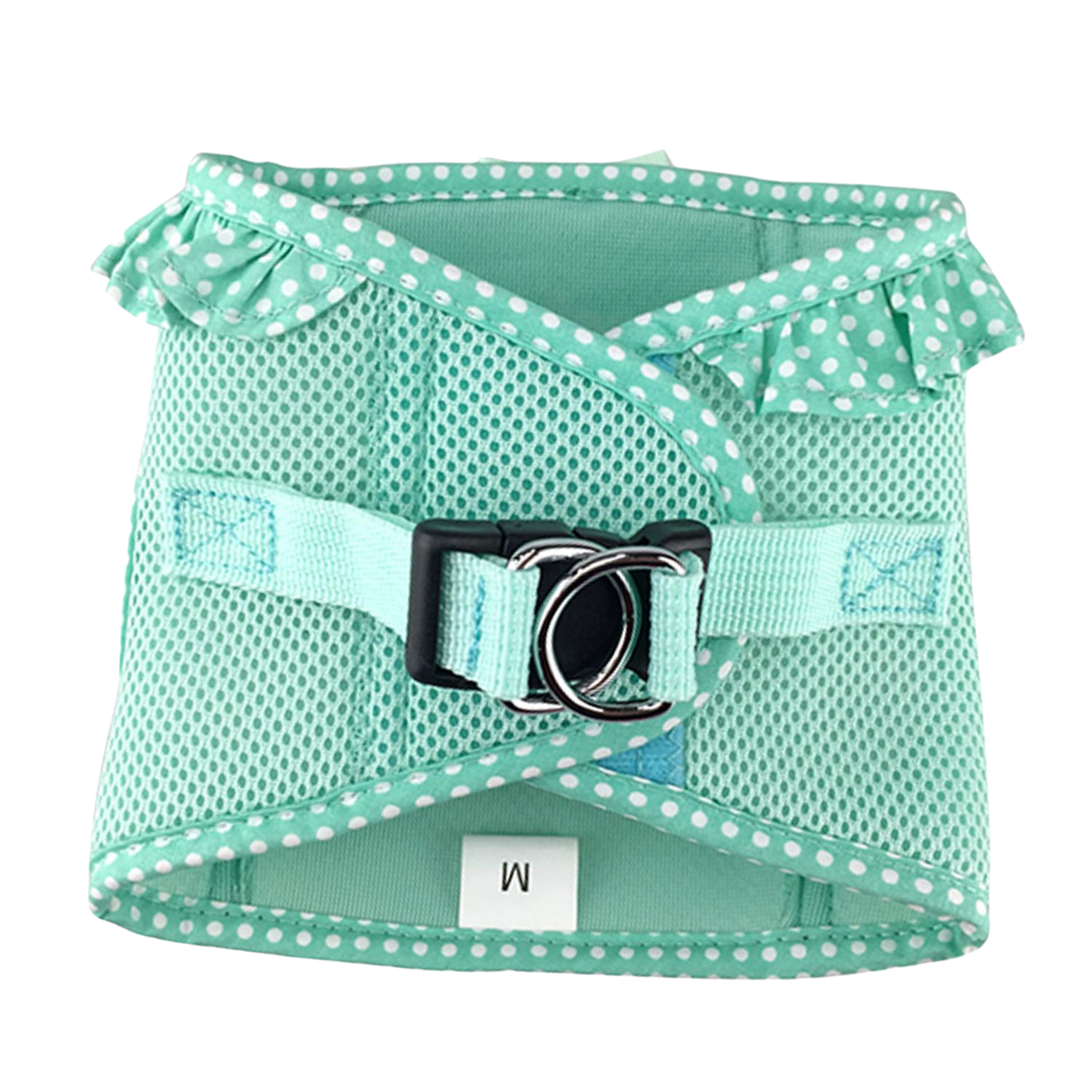 Mint green dog harness with white polka dots on a white background