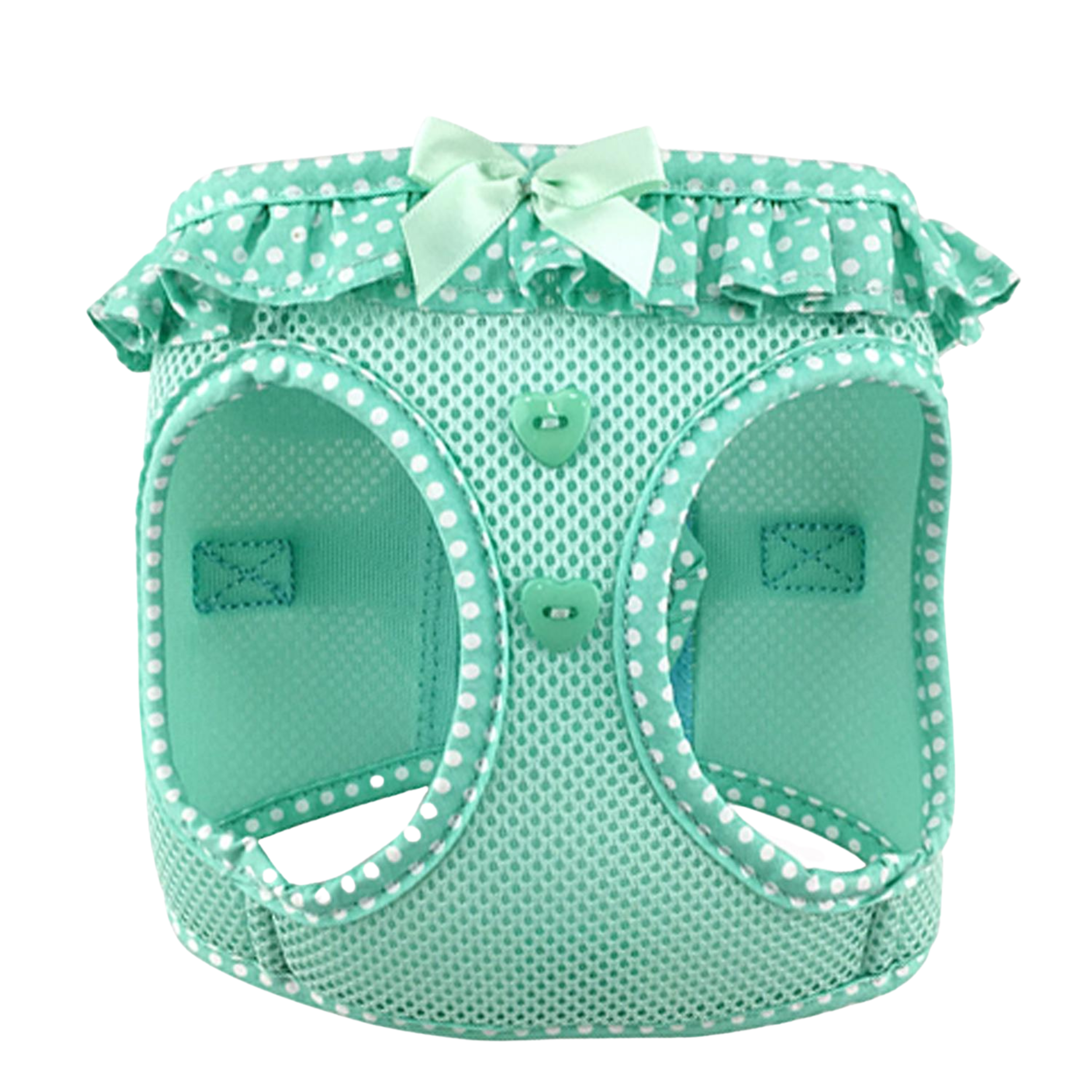 Mint green pet harness with ruffles and a bow on a white background