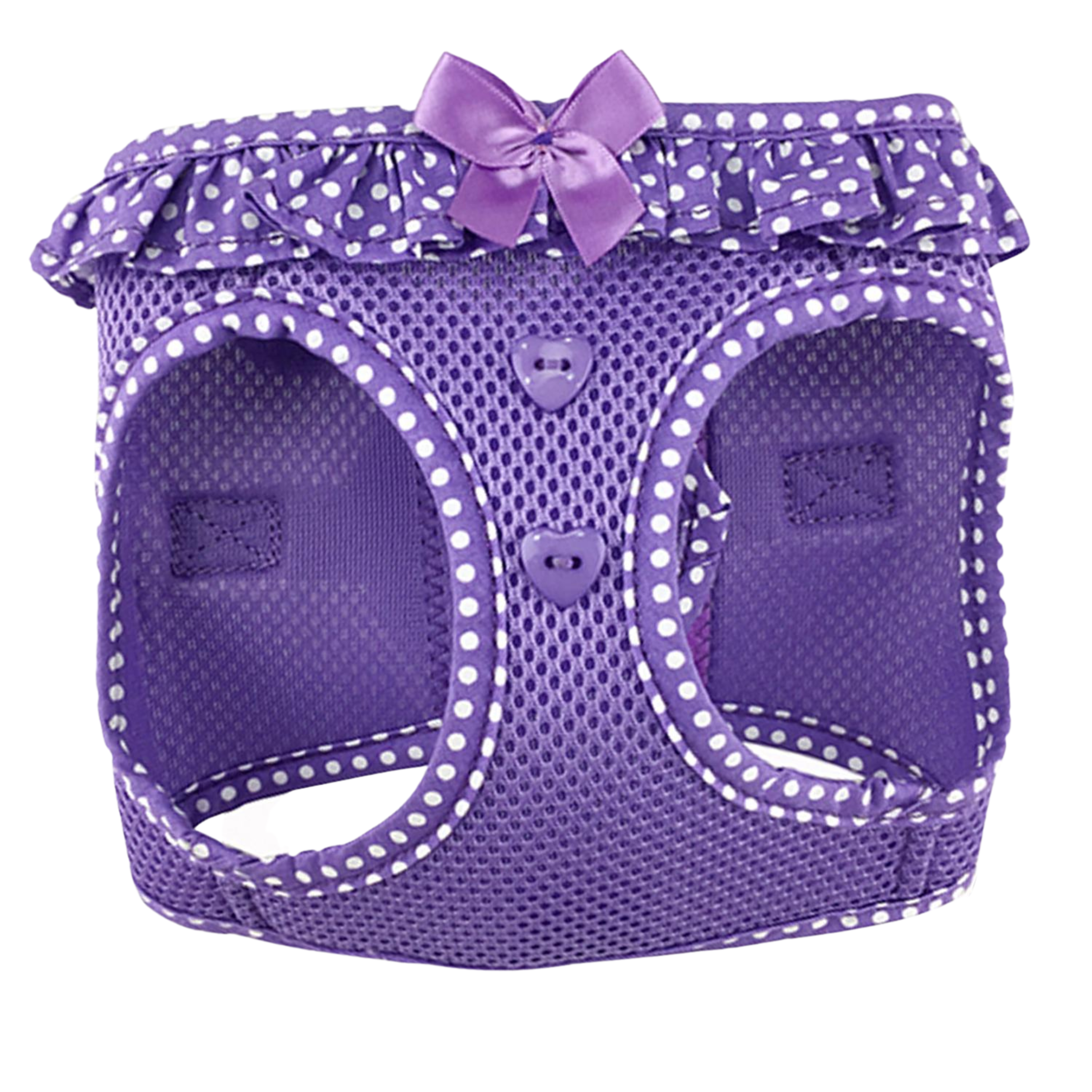 Purple pet carrier with white polka dots and a bow on a white background