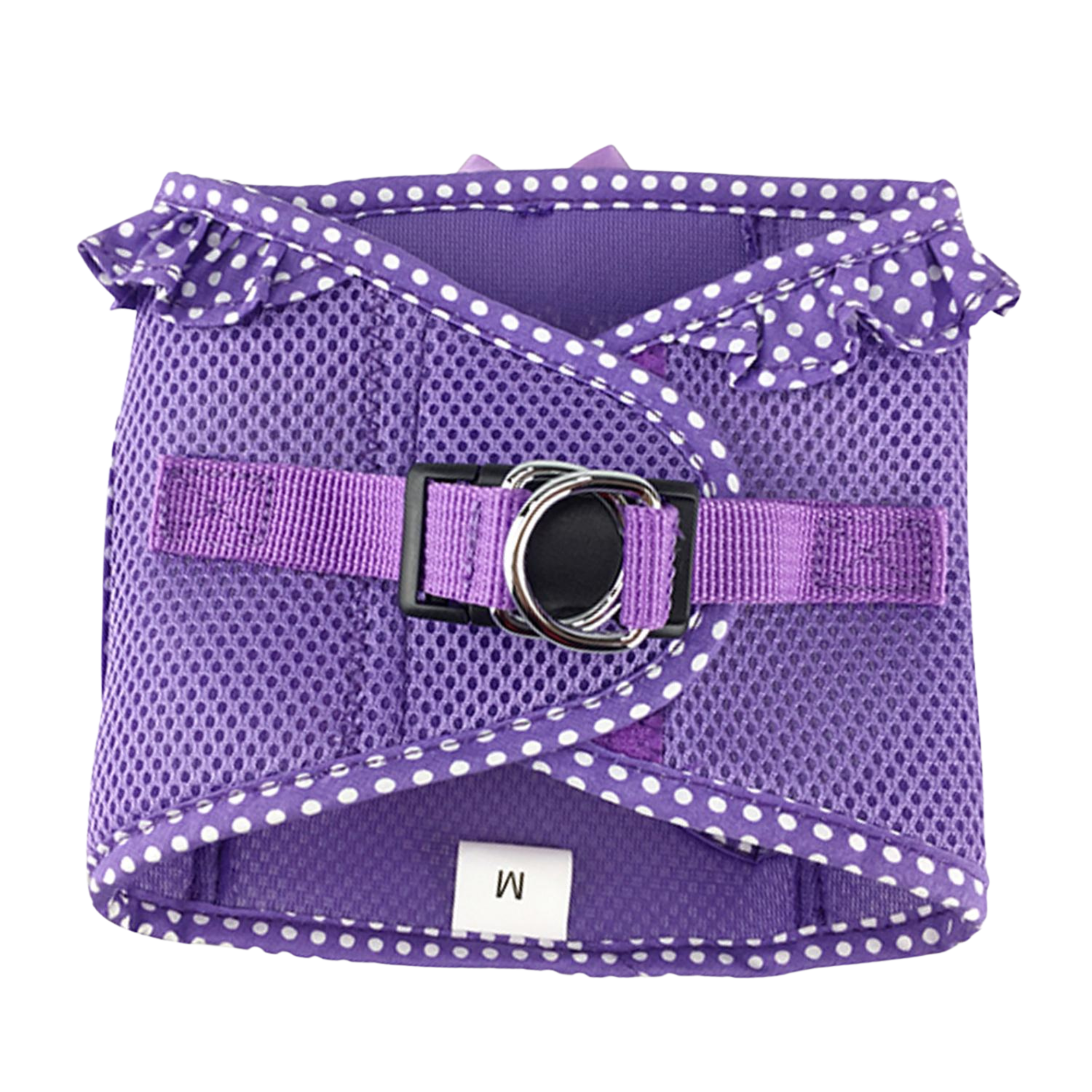 Purple dog harness with white polka dots on a white background