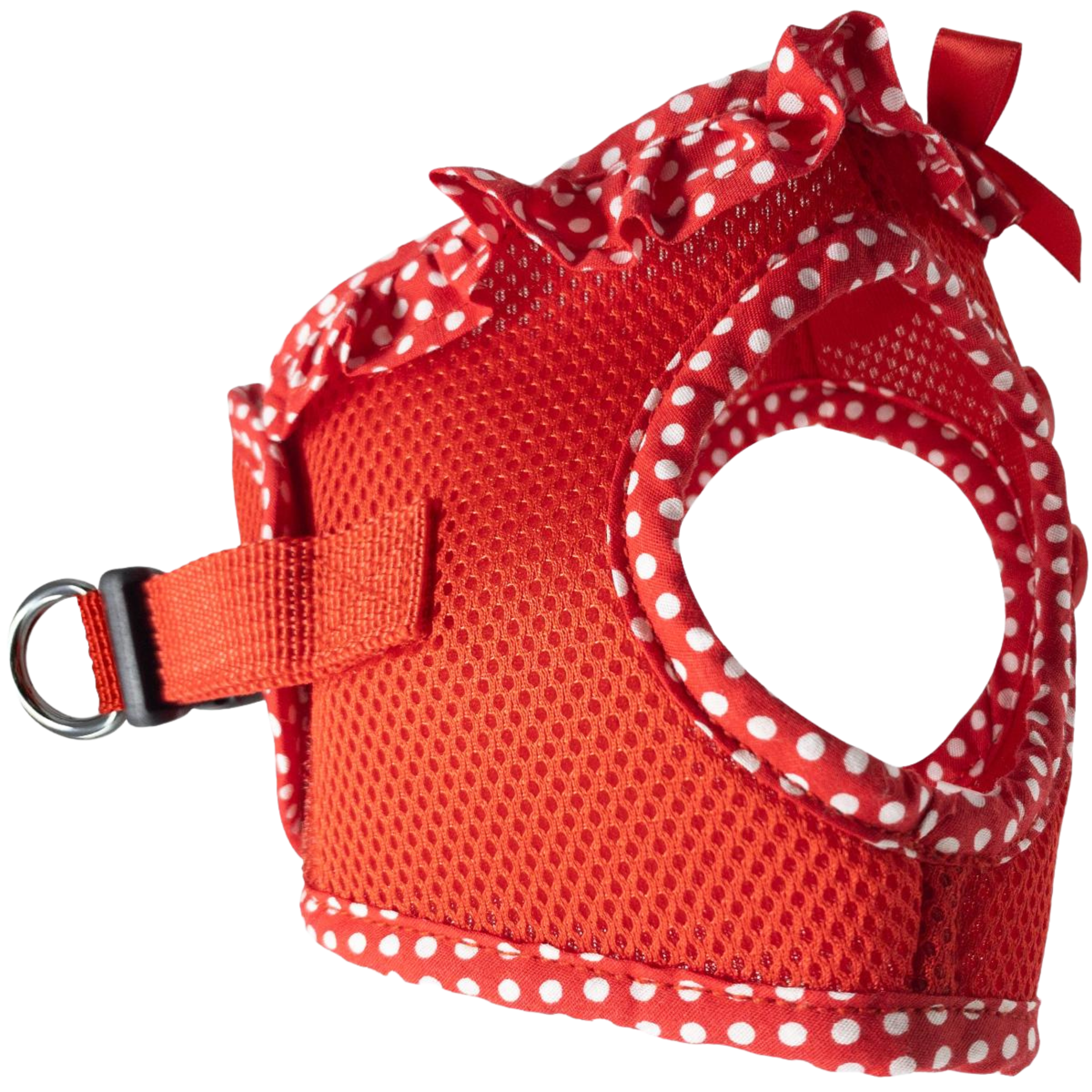 Red dog harness with white polka dots and a matching bow on a white background
