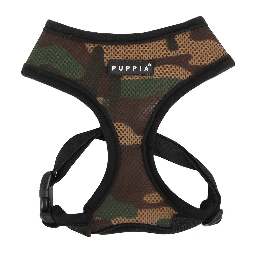 Camouflage dog harness with Puppia logo on a white background
