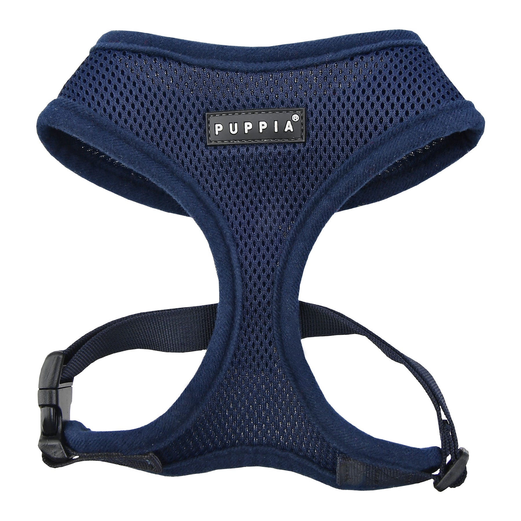 Navy blue dog harness with Puppia label on a white background