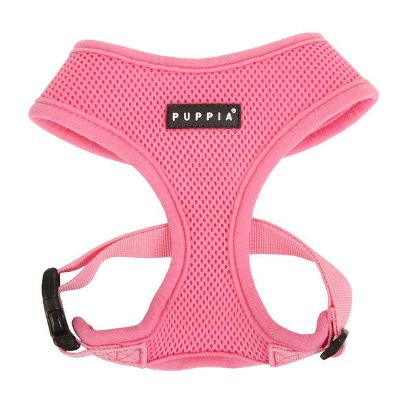 Pink dog harness with Puppia label on a white background