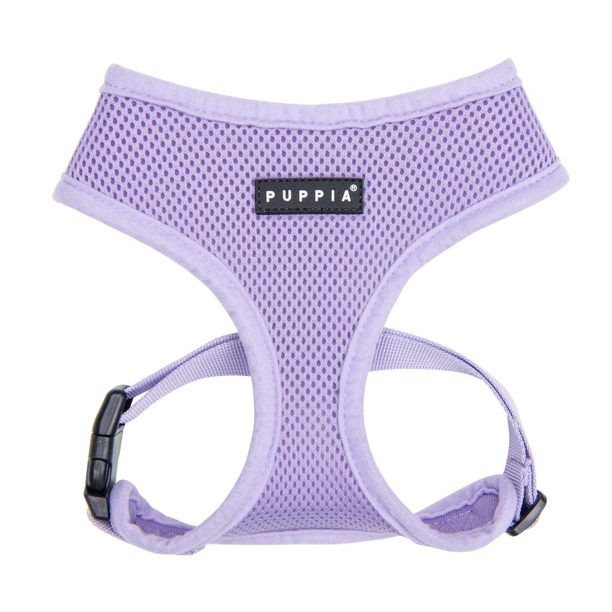 Lavender dog harness with Puppia logo on a white background