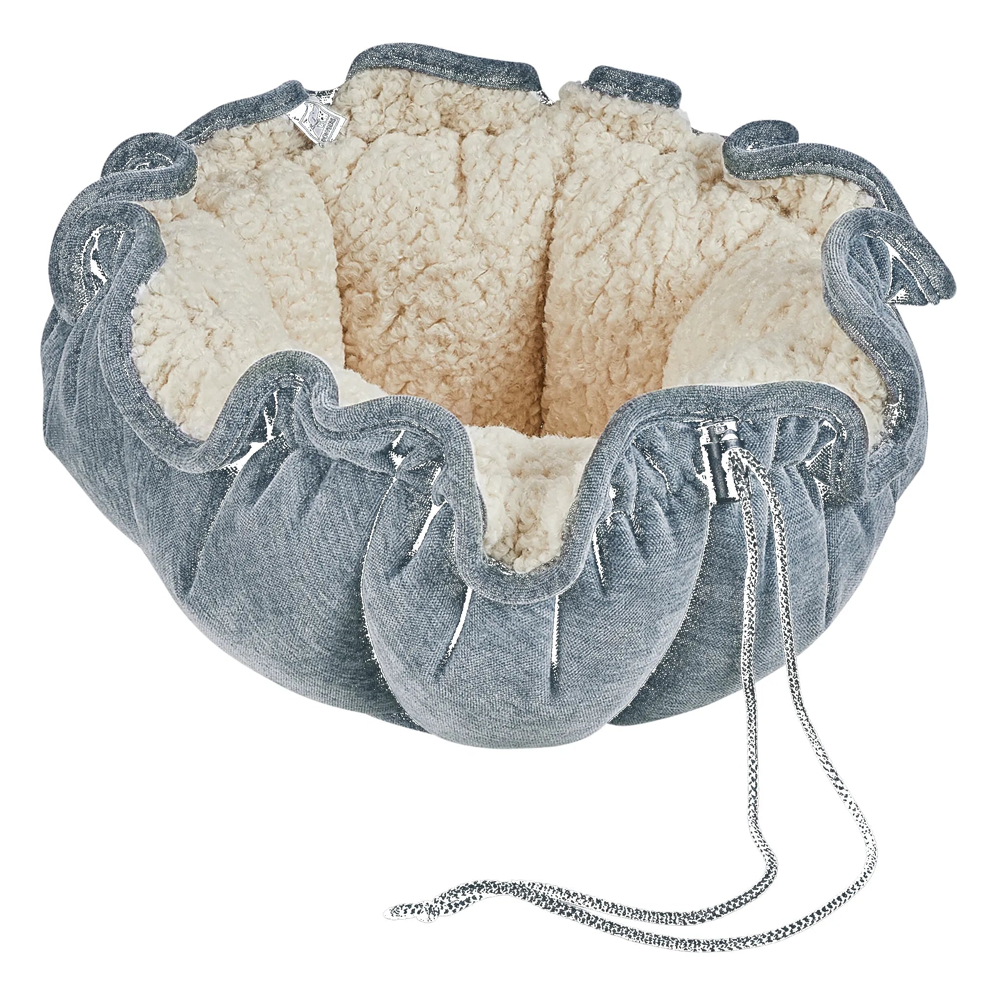 Gray pet bed with a chain on a white background