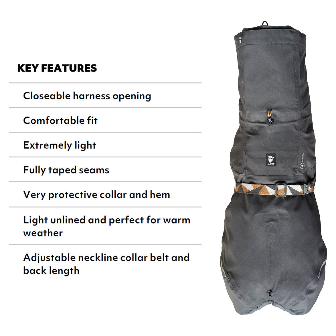 Black protective garment with key features listed on a white background