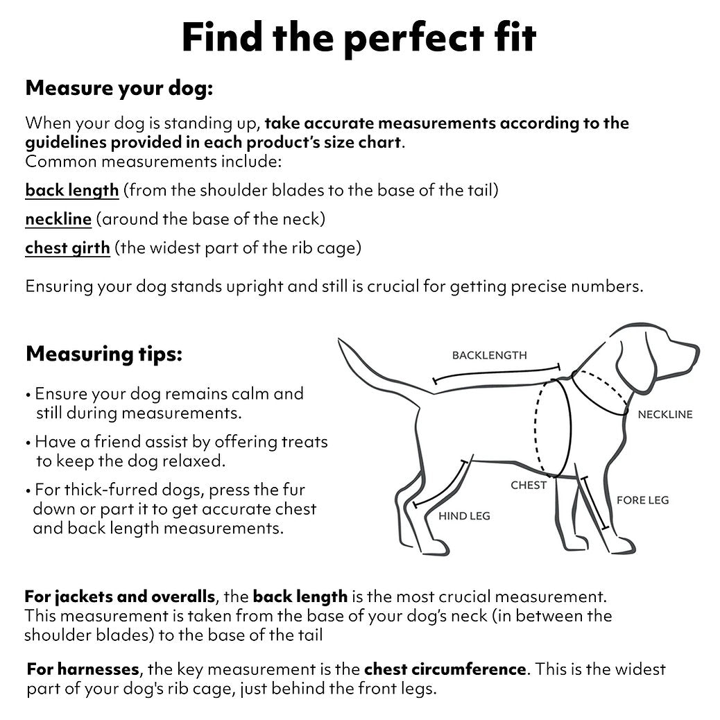 Instructions for measuring a dog to find the perfect fit with measurements and diagram.