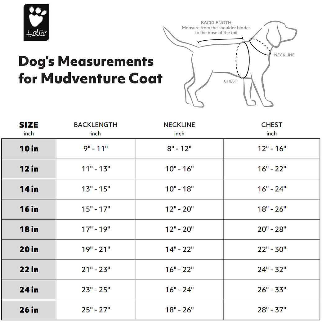Measurement chart for a dog's Mudventure coat with size chart and diagram.