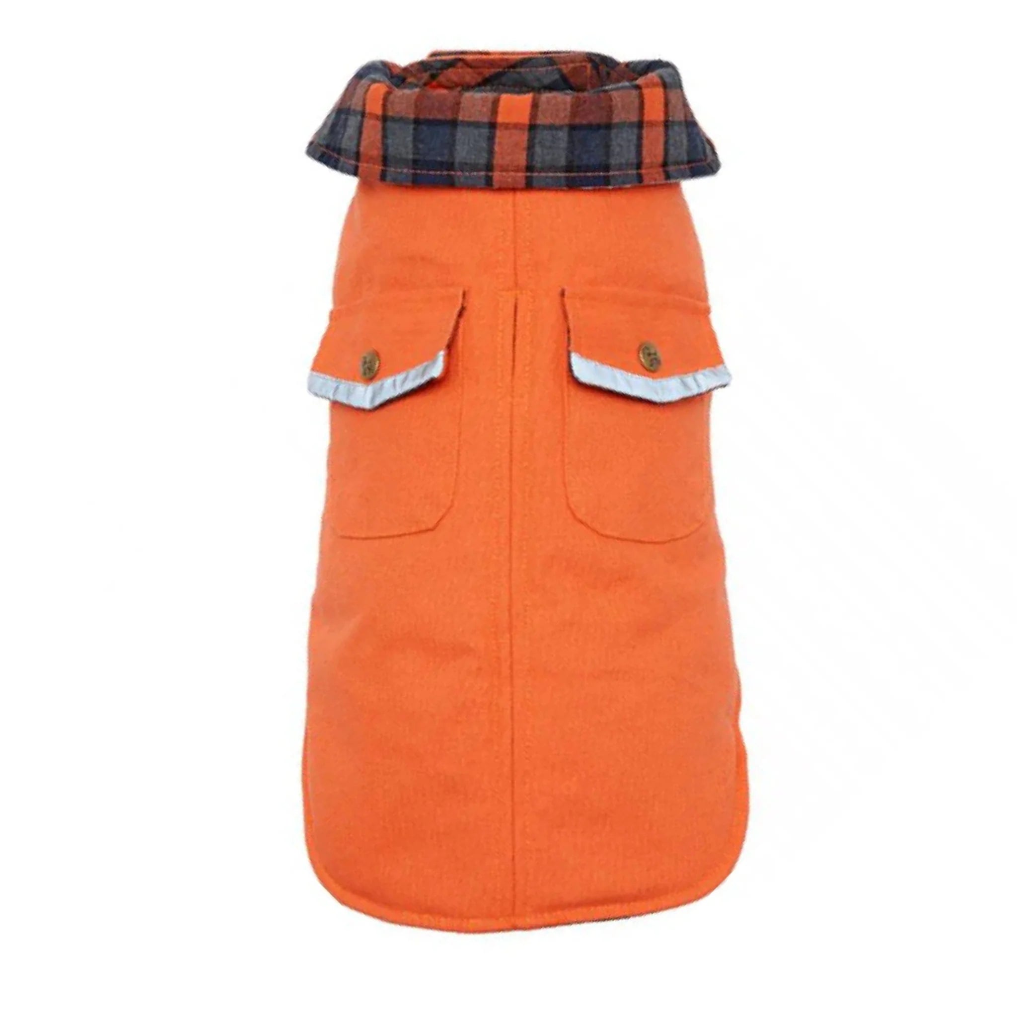Orange dog coat with plaid hood on a white background