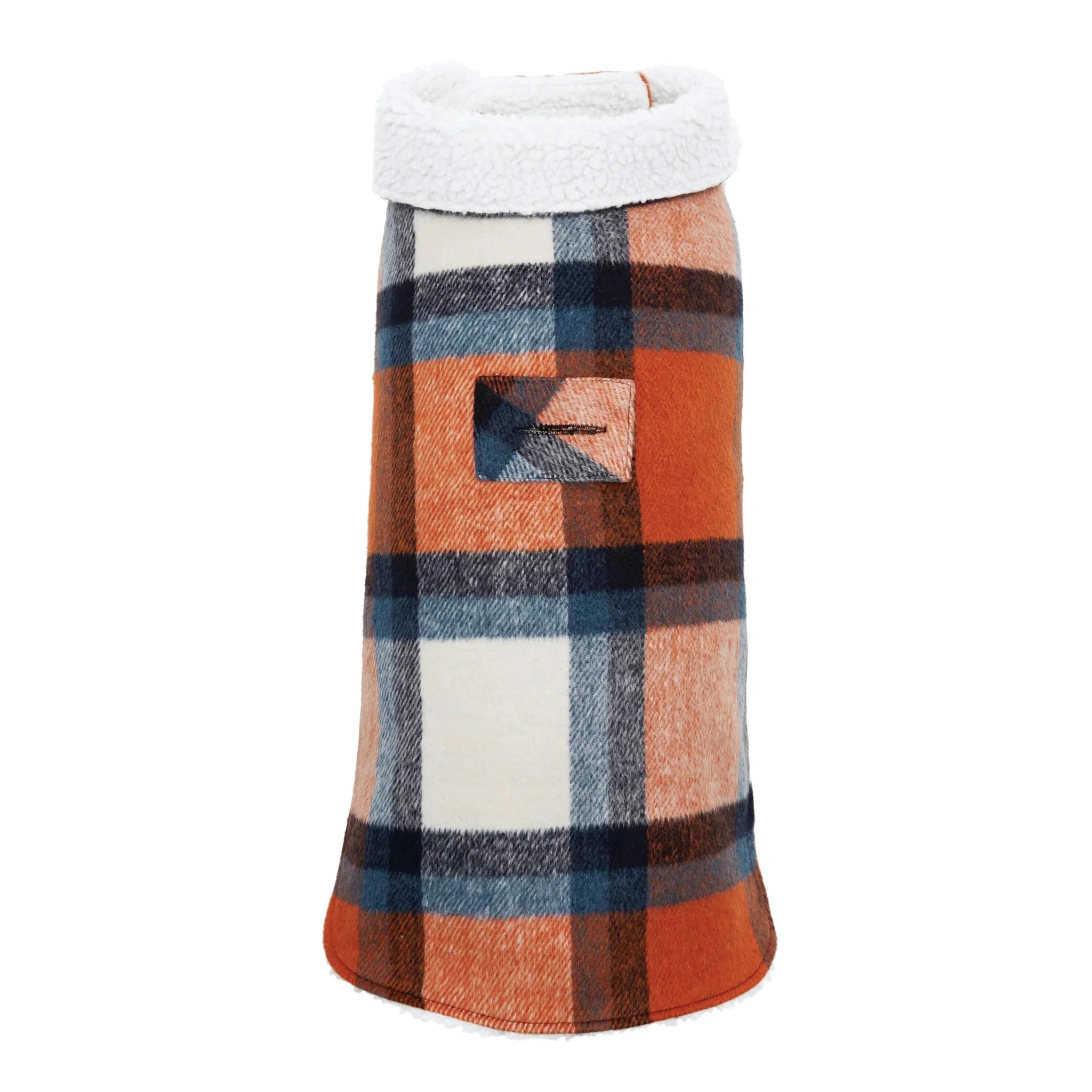Plaid patterned product with a white border on a white background