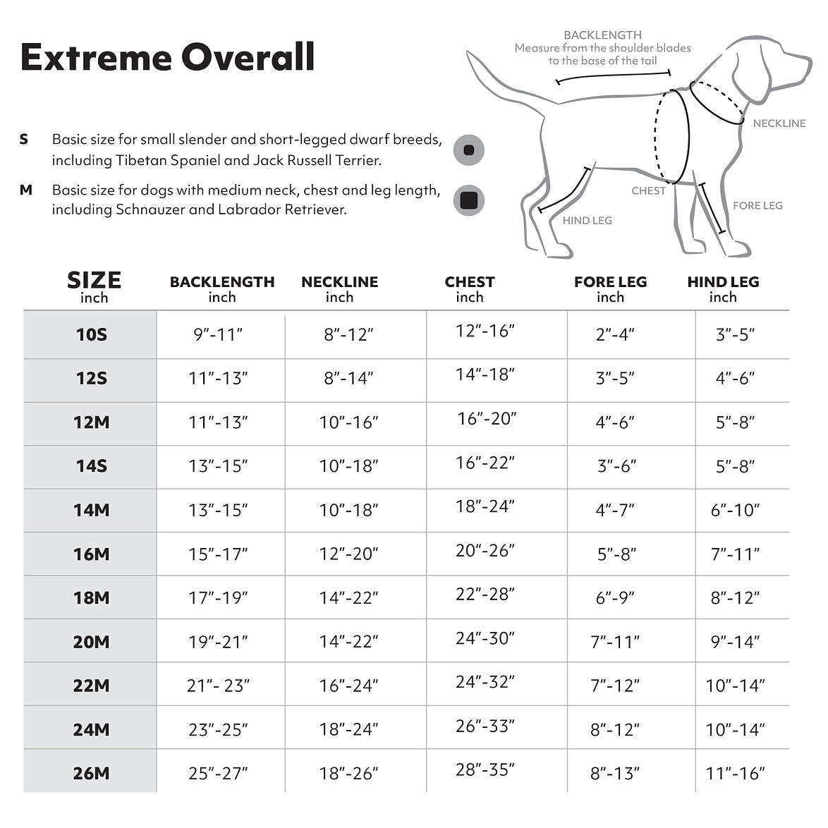 Dog size chart for extreme overall measurements with a diagram of a dog.