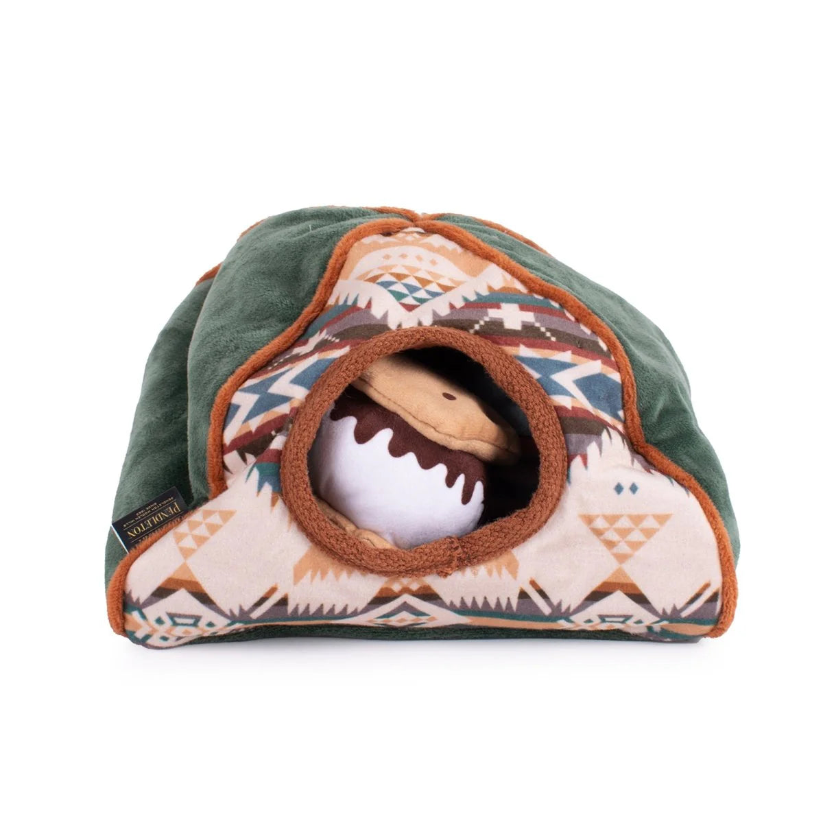 Dog toy shaped like a cozy cave with a patterned interior on a white background