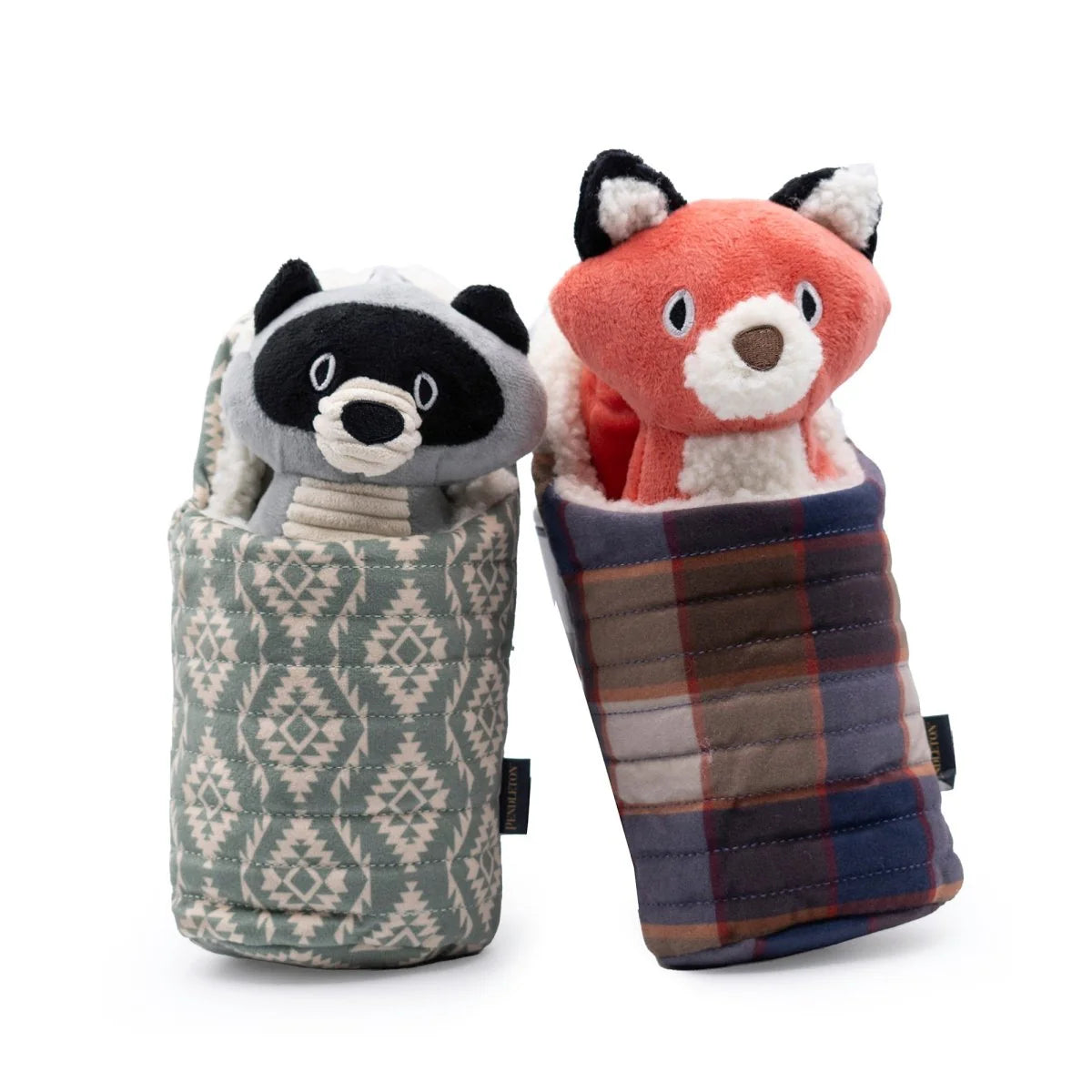 Two plush toys, a raccoon and a fox, in patterned sleeves on a white background.