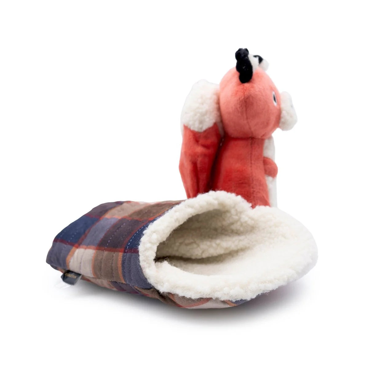 Plush fox toy with a checkered bag on a white background