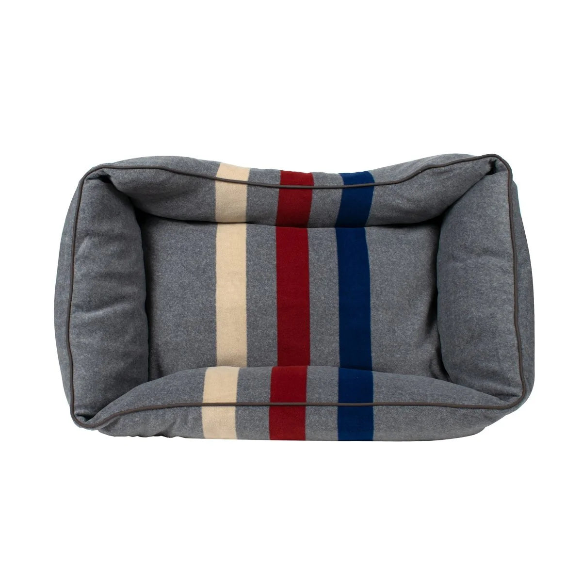 Gray pet bed with colorful stripes on a white background
