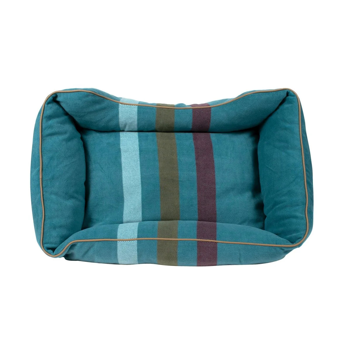Teal pet bed with striped pattern on a white background