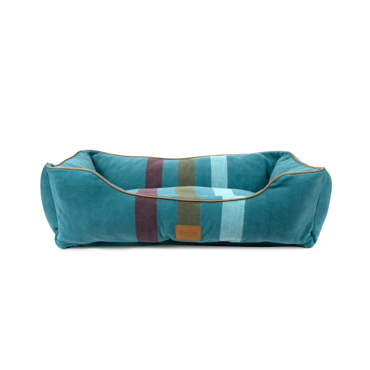 Blue pet bed with striped pattern on a white background