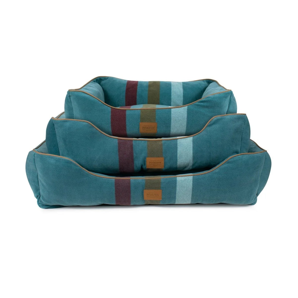 Set of two teal pet beds with striped pattern on a white background