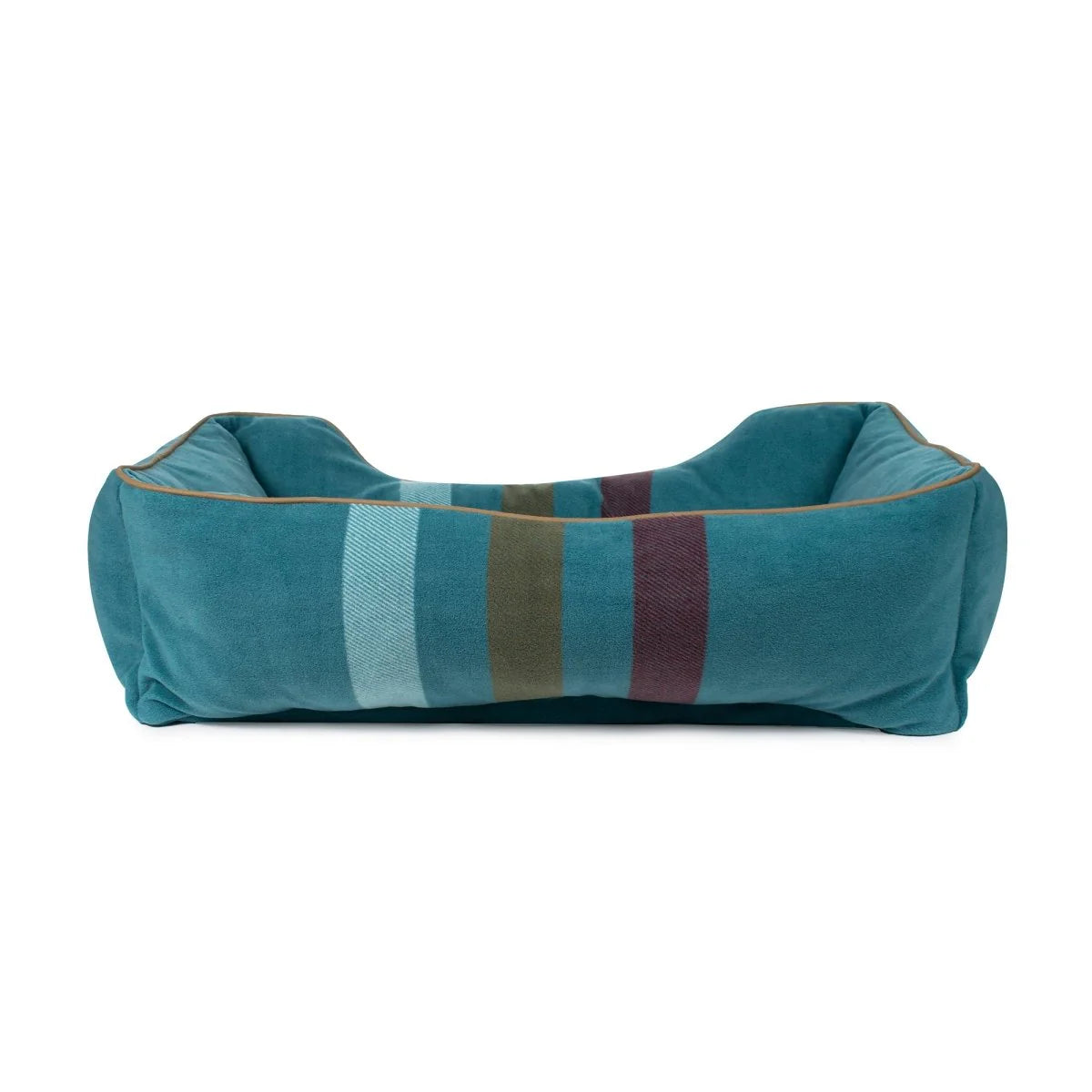Striped pet bed with blue, green, and purple colors on a white background