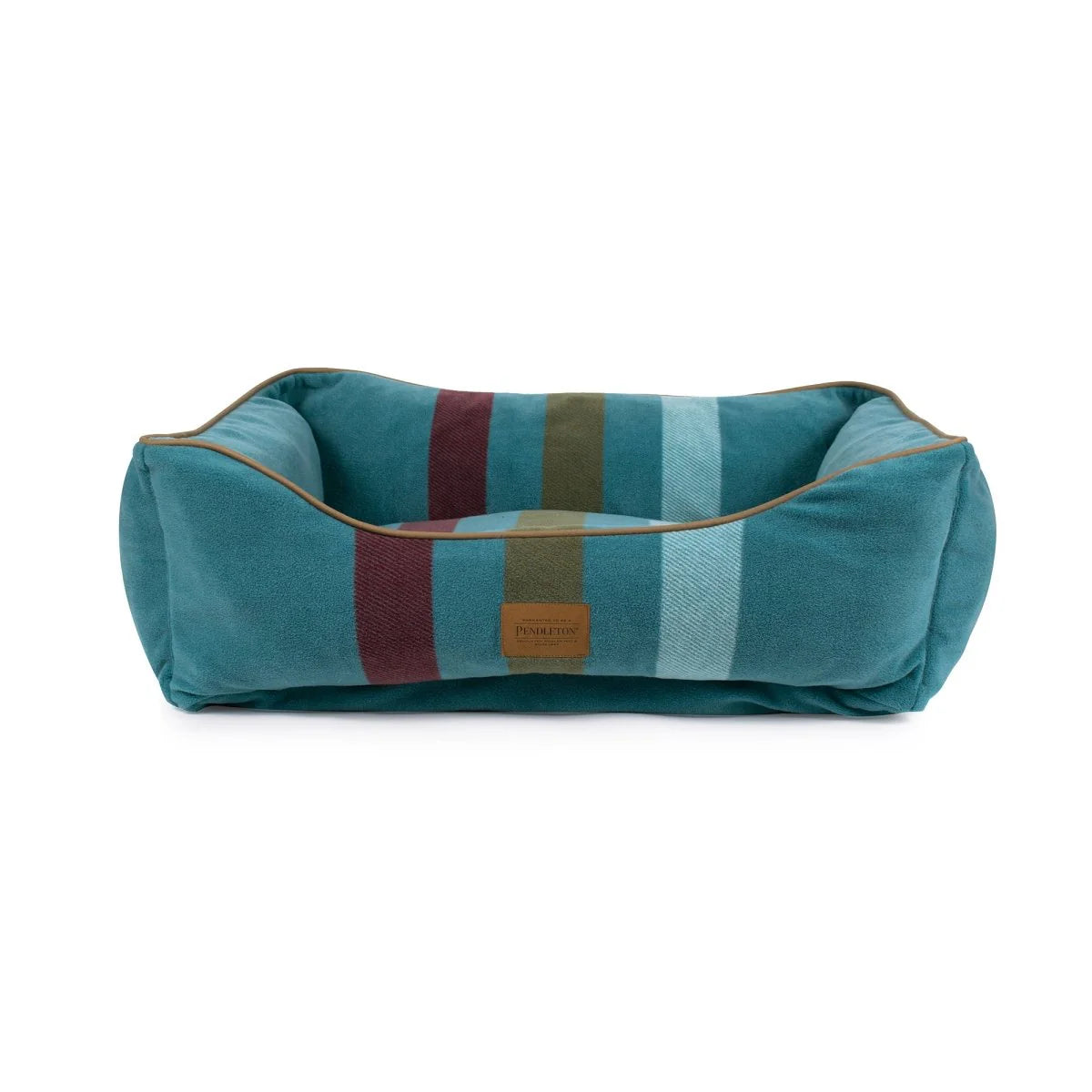 Teal pet bed with striped pattern on a white background
