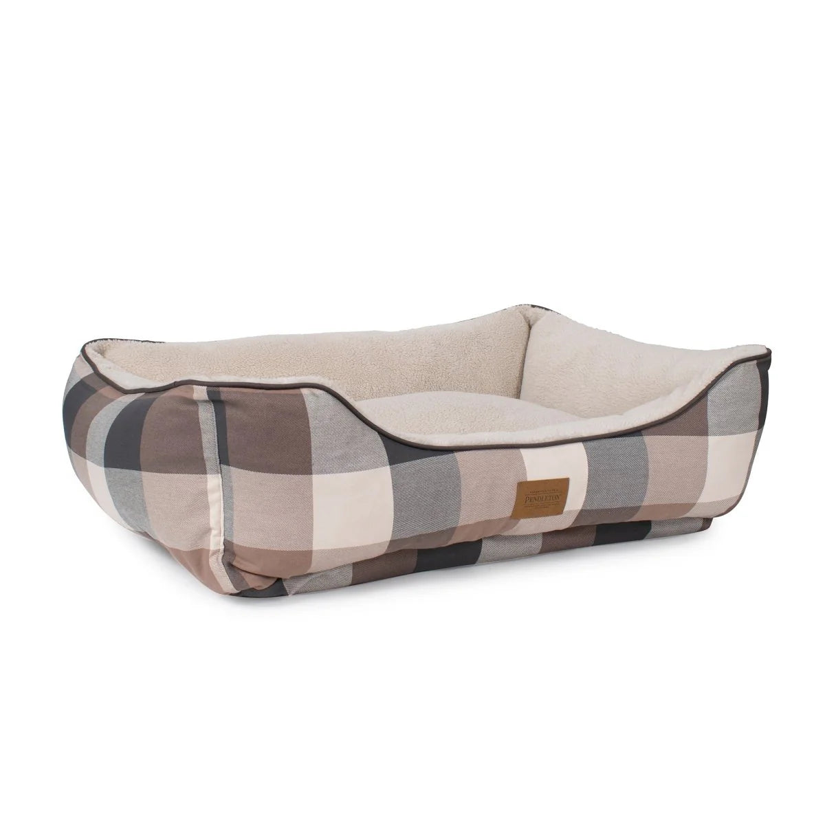 Plaid patterned pet bed on a white background