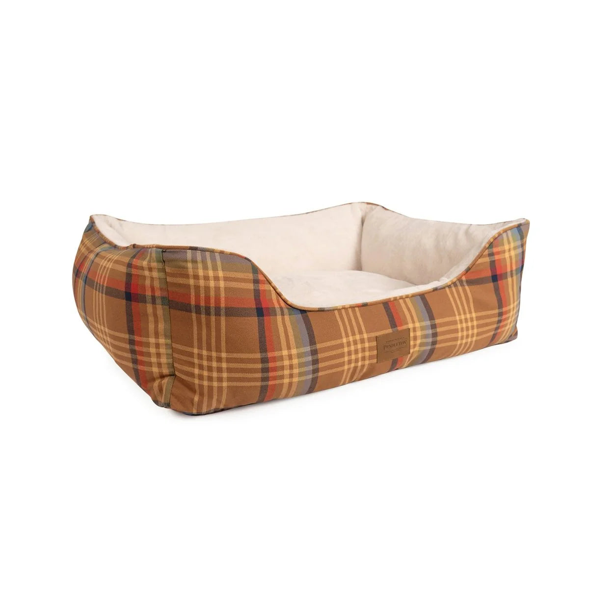 Plaid patterned pet bed with beige interior on a white background