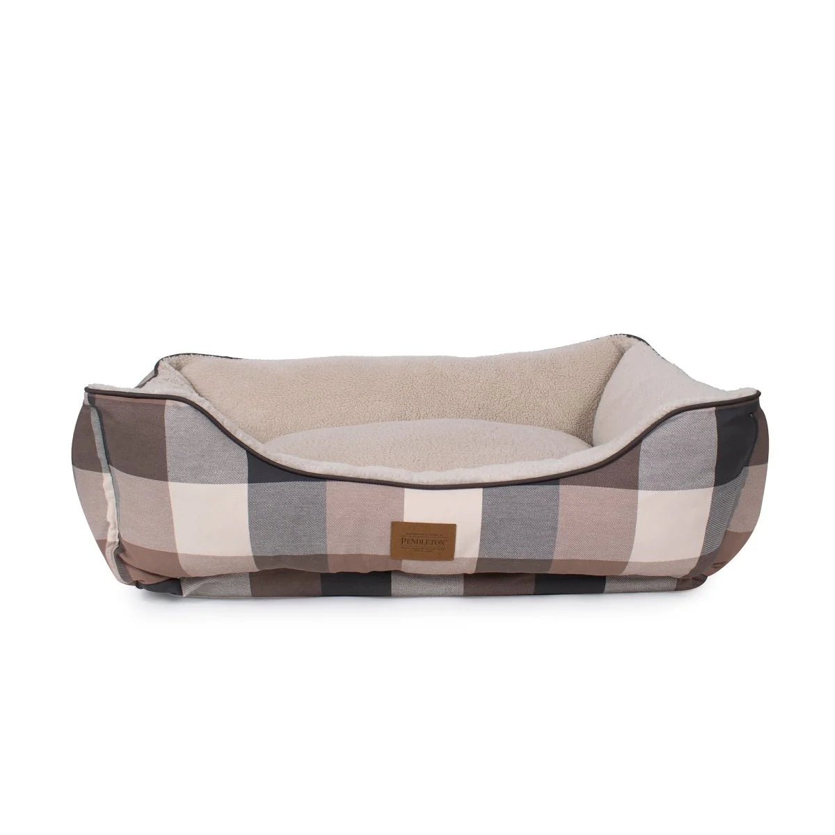Checkered pet bed with a beige interior on a white background